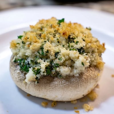 Close-up of Cottage Cheese Pesto Stuffed Mushrooms revealing creamy basil filling, sprinkled with herbs on a dark plate.