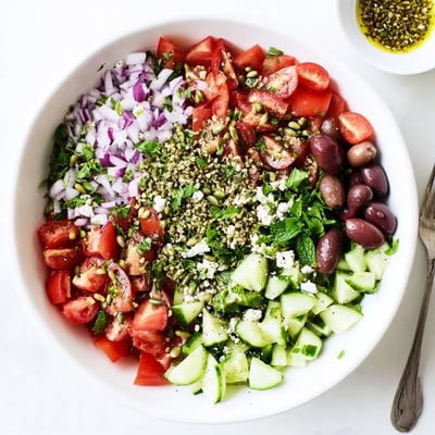 A vibrant Mediterranean Cucumber Tomato and Hemp Salad tossed with lemon dressing, served in a white bowl.