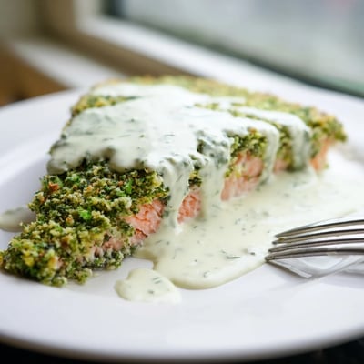 Fresh Herb Crusted Salmon With Creamy Dill Sauce flaking tenderly under a fragrant herb crust.