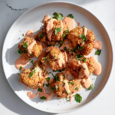 Crispy Bang Bang Cauliflower Bites baked to perfection, drizzled with tangy Bang Bang sauce and sprinkled with green onions and sesame seeds.