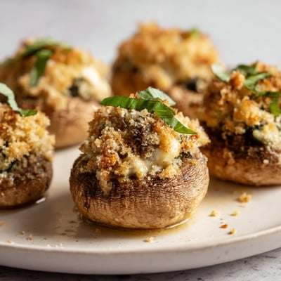 Freshly baked Cottage Cheese Pesto Stuffed Mushrooms arranged on a white platter with fresh basil garnish.  