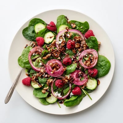 Golden roasted raspberries and crunchy maple walnuts garnish tender spinach leaves drizzled with tangy balsamic dressing