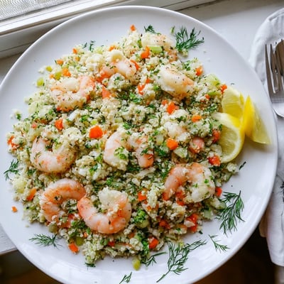 Succulent Mediterranean-style shrimp with fresh dill and parsley served over seasoned low-carb cauliflower rice