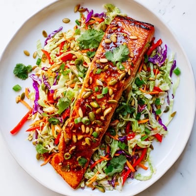 Baked spicy lime salmon with chili rub served over crisp vegetable slaw with pumpkin seeds