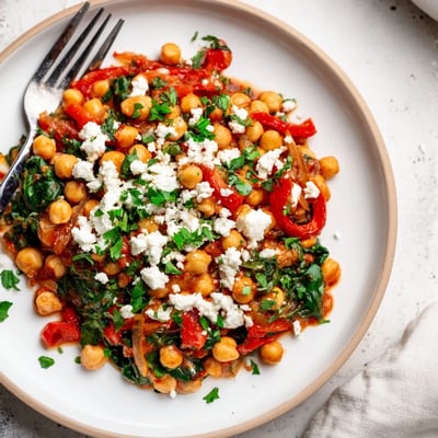 Hearty vegetarian chickpea and spinach skillet topped with fresh parsley and crumbled feta cheese