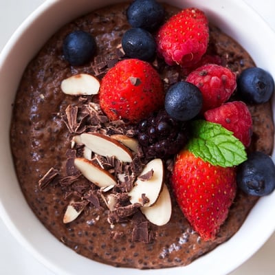 Rich chocolate berry almond protein chia cream layered with vibrant fruit in a glass