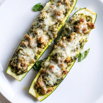 Pesto Turkey Mushroom Stuffed Zucchini