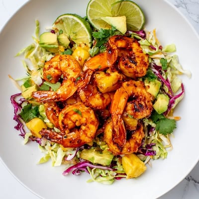 Sizzling spicy pineapple shrimp with caramelized edges served over crisp colorful cabbage slaw