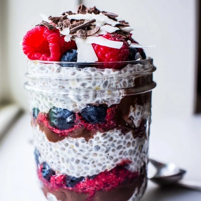 Creamy chocolate coconut berry protein chia cream topped with dark shavings and shredded coconut