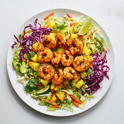 Spicy Pineapple Shrimp With Lime Avocado Cabbage Crunch over tangy lime cabbage slaw