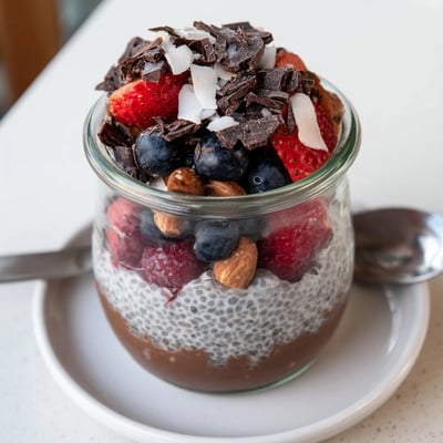 Chocolate Coconut Almond Berry Protein Chia Cream topped with shredded coconut and berries