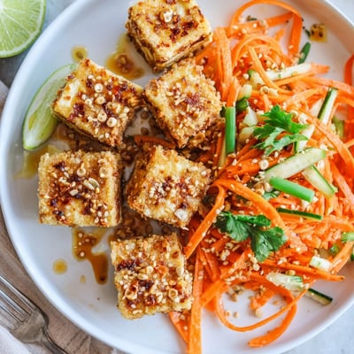 Bright Crispy Chili Oil Tofu With Sesame Carrot Slaw, crunchy carrots and lime