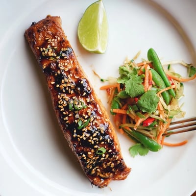 Miso Ginger Salmon With Sesame Snap Pea Cucumber Slaw served with zesty lime wedges