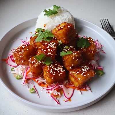 Crispy Chili Garlic Tofu With Sesame Radish Slaw served with jasmine rice and cilantro