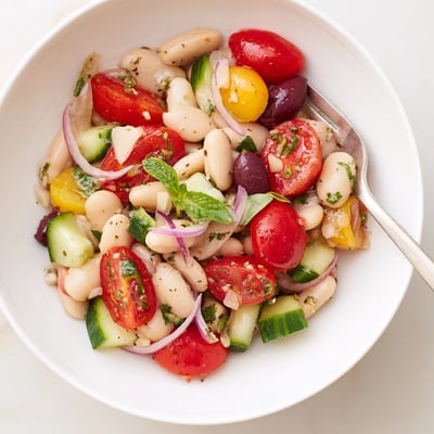Chilled Mediterranean White Bean and Tomato Basil Herb Salad, lemony olive oil dressing