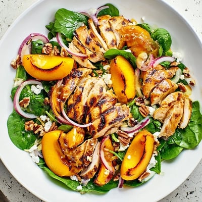 Layered textures in Grilled Apricot and Spinach Chicken Salad with Fresh Mint