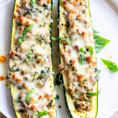 Pesto Turkey Spinach Zucchini Boats