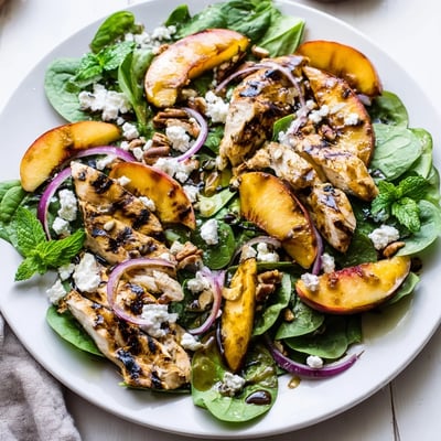 Charred peach wedges and sliced chicken nestled over crisp spinach with crumbled feta and mint