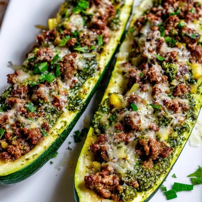 Pesto Turkey Mushroom Zucchini Boats
