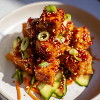 Crispy chili garlic tofu with sesame cucumber crunch piled high with green onions