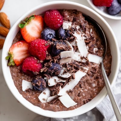 Thick, luscious Chocolate Almond Coconut Berry Protein Chia Cream garnished with vibrant fruit.