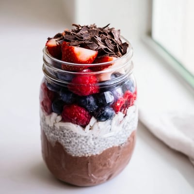 Rich chocolate and coconut layers topped with mixed berries in this chia cream.