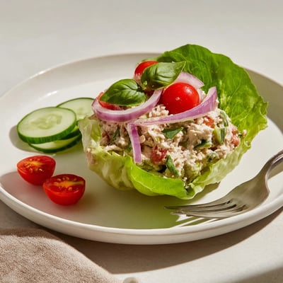 Fresh basil and lemon zest garnish these protein-packed cottage cheese lemon basil chicken lettuce cups on a serving platter.