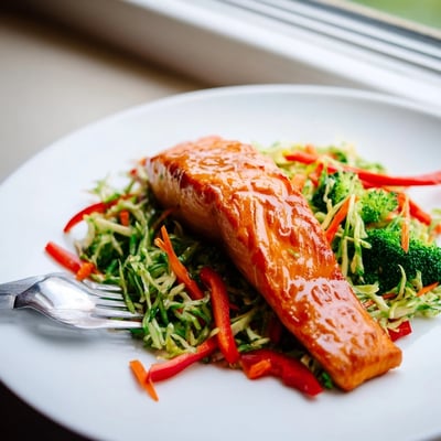 Flaky baked miso ginger salmon paired with crunchy sesame broccoli slaw
