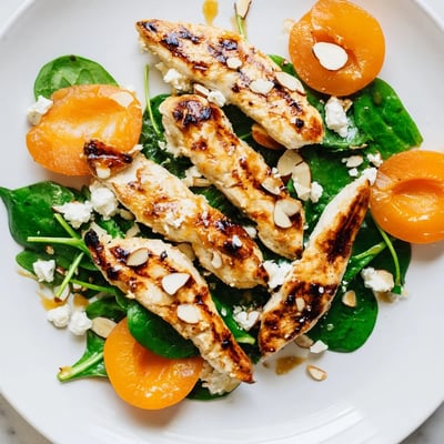 Vibrant grilled apricot and spinach chicken salad drizzled with tangy honey-mustard dressing.  